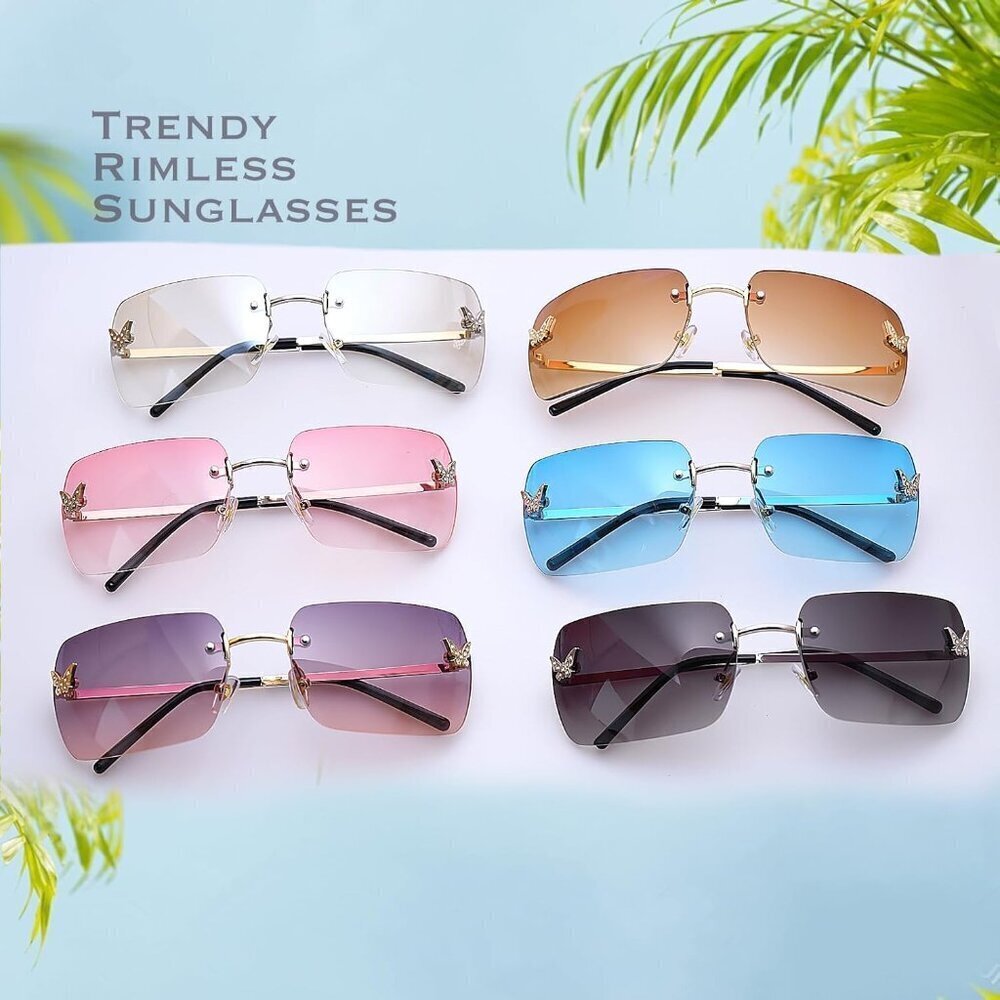 Rectangle Y2K Sunglasses Women Men Frameless UV400 Tinted Shades Butterfly - Picture 2 of 7